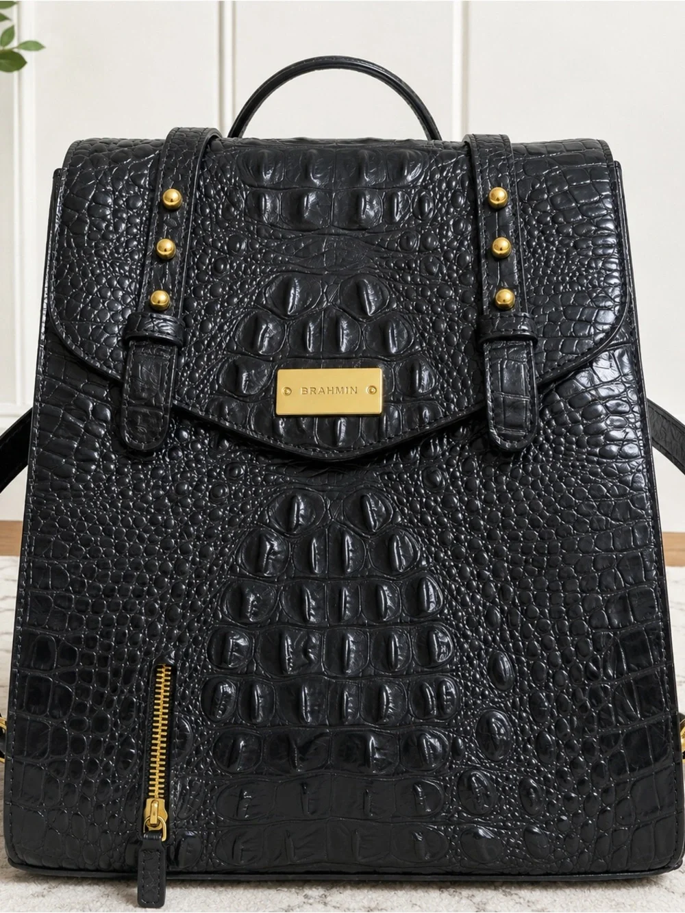 Vintage Brahmin Black Croc Embossed Leather Backpack Gold Hardware